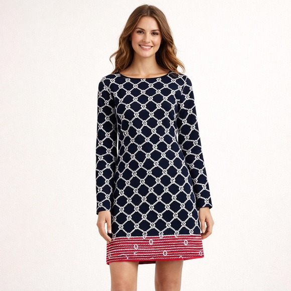 Nautica Dresses & Skirts - Nautica Mens Navy Blue Rope Lattice Print Long Sleeve Shift Dress Red Hem L
